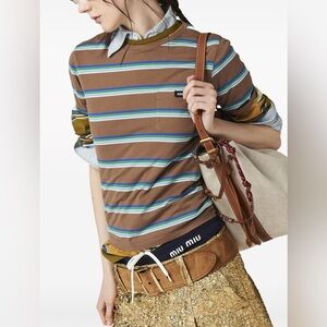 Miu Miu logo-patch striped T-shirt